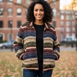 Vintage Alfred Dunner Stripe Tapestry Jacket Blazer Women 14 Red Tan Blue Zipper